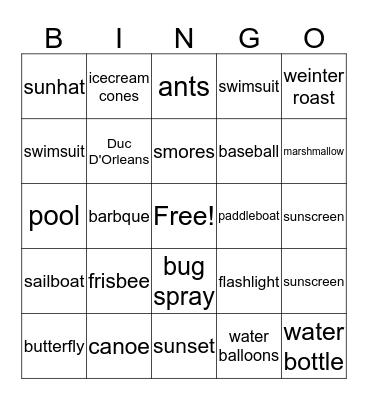 Summer Bingo Card