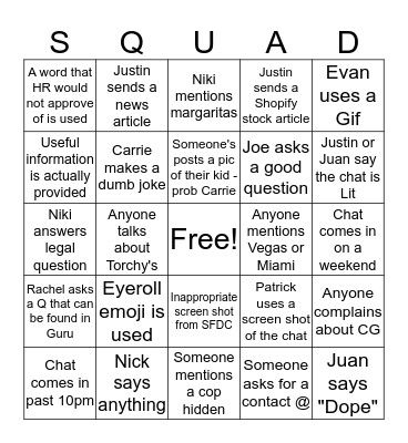 #Squaddd Chat Bingo Card