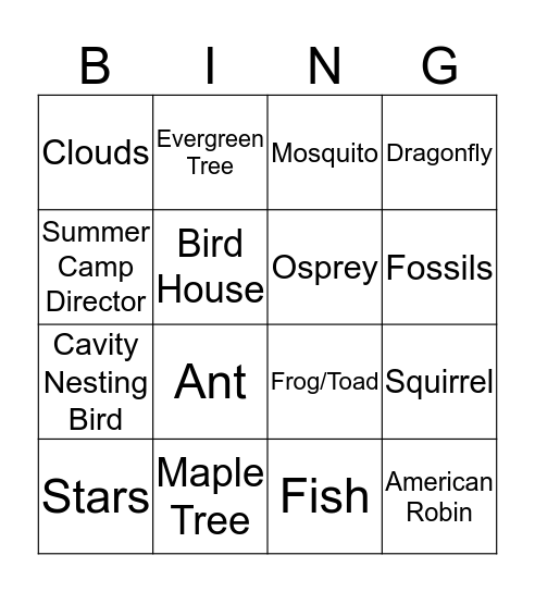 Camp Kawartha Bingo Card