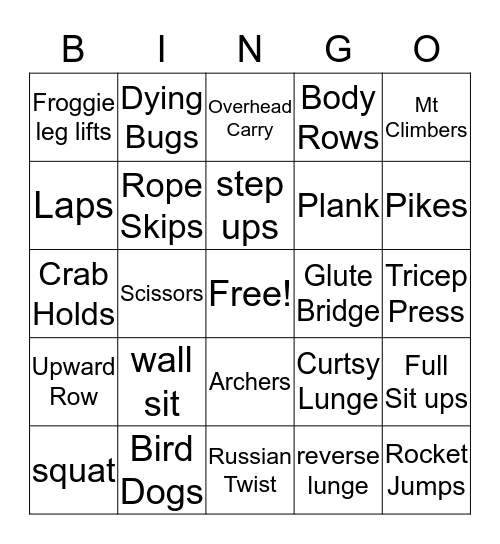 Boot camp Bingo Card