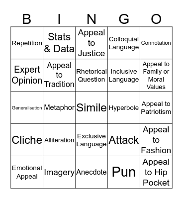 Language Analysis Bingo Card