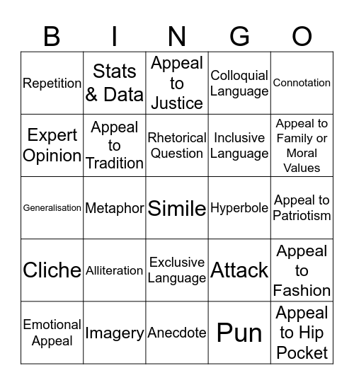 Language Analysis Bingo Card