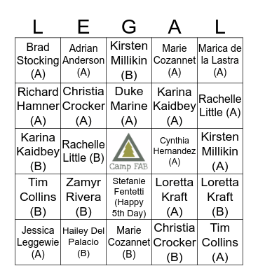 Camp FAB L-E-G-A-L Bingo Card