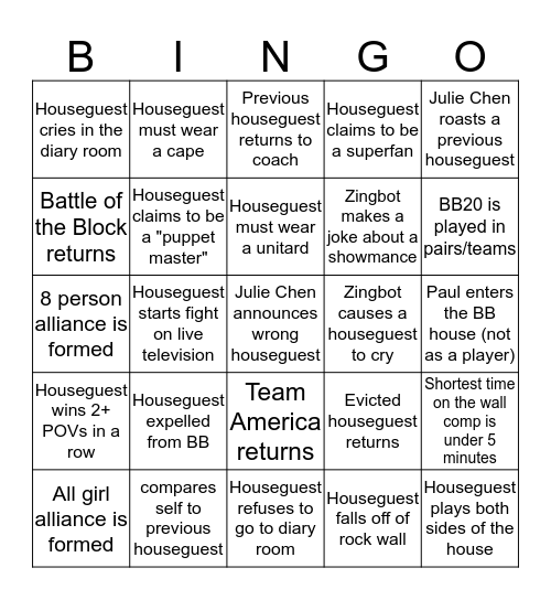 Big Brother 20 Bingo Card