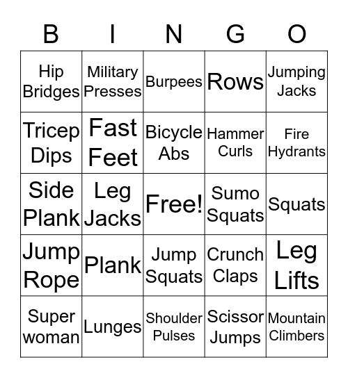 Fitness Bingo Card