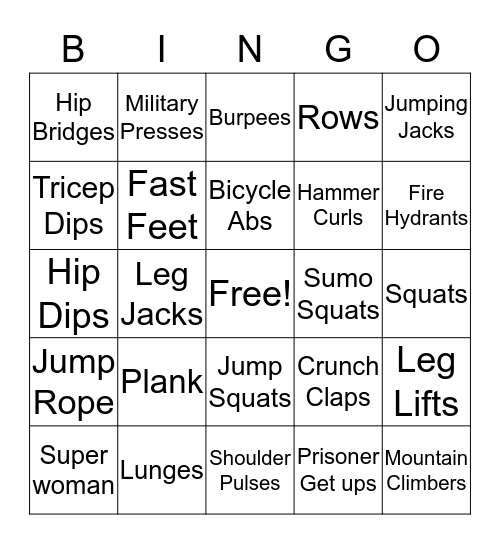 Fitness Bingo Card