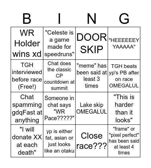 GDQ: Celeste Any% Race Bingo Card