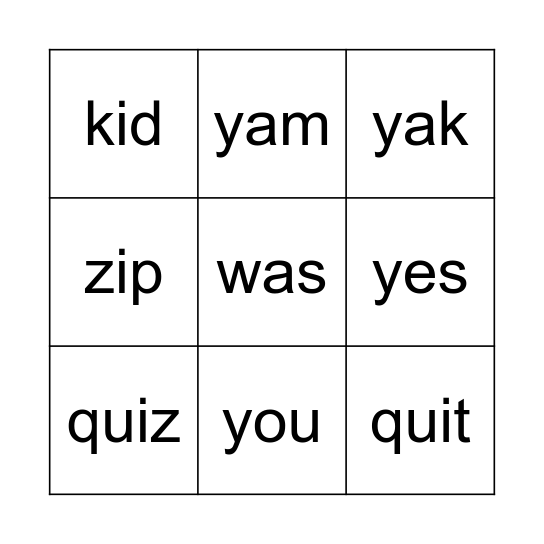 OG Lesson #8 k,y,z,qu Bingo Card