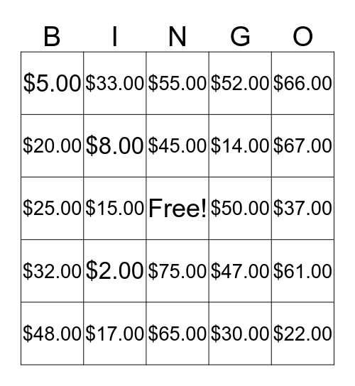 Money Madness Bingo Card