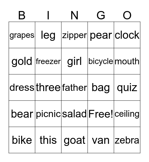 consonants-p,s,z,g,th Bingo Card