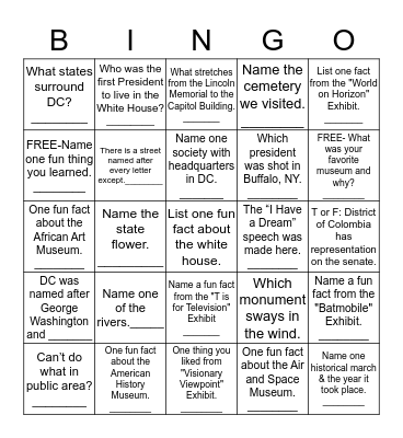 Washington, DC 2018 Bingo Card