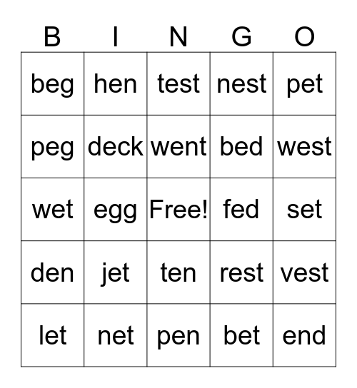 Short Vowel E Bingo Card