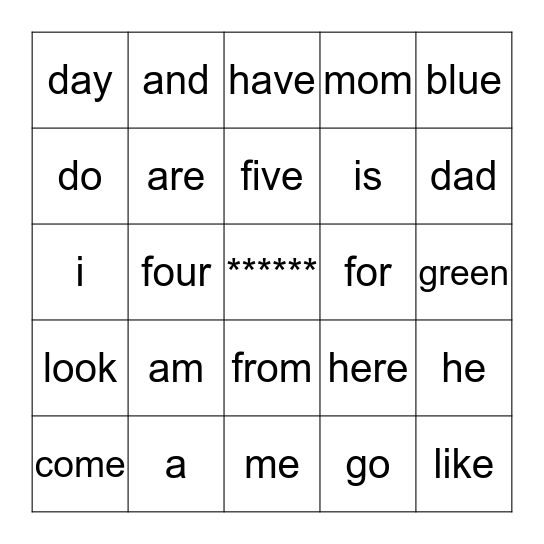 word list Bingo Card