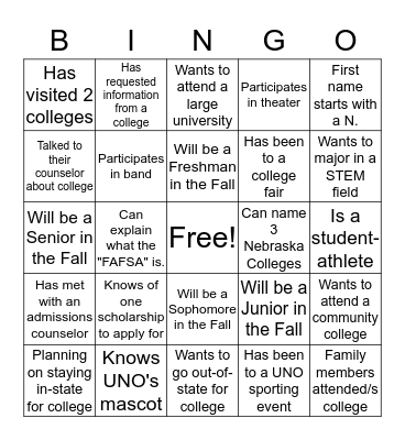 College Readiness Bingo Card