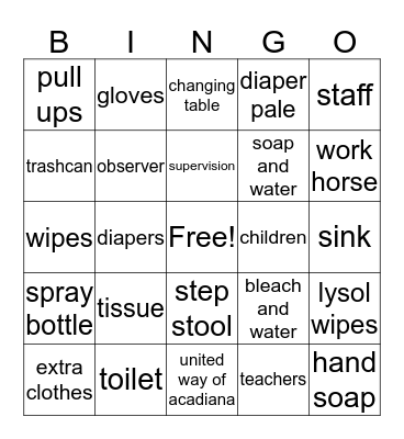 Diapering and Tolieting  Bingo Card