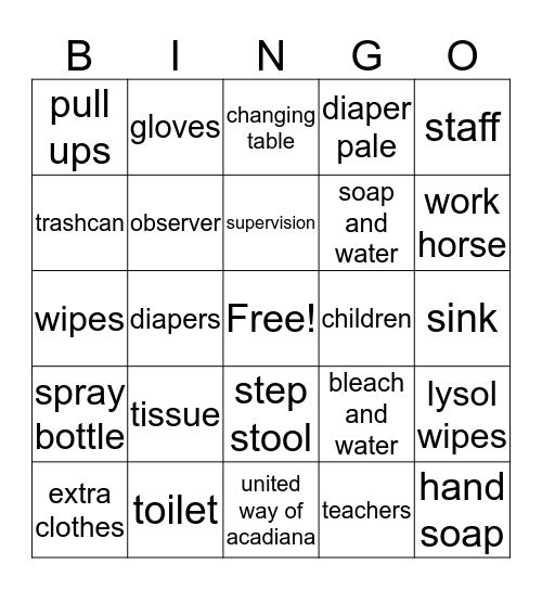 Diapering and Tolieting  Bingo Card