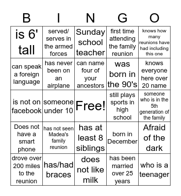 Family  Bingo Card