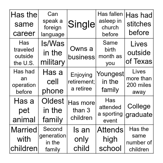 Getting to Know You- Family Reunion Bingo Card