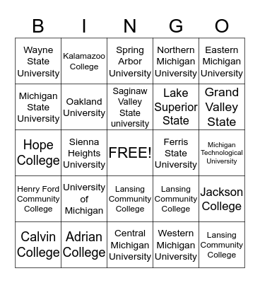 College Mascot Bingo Card