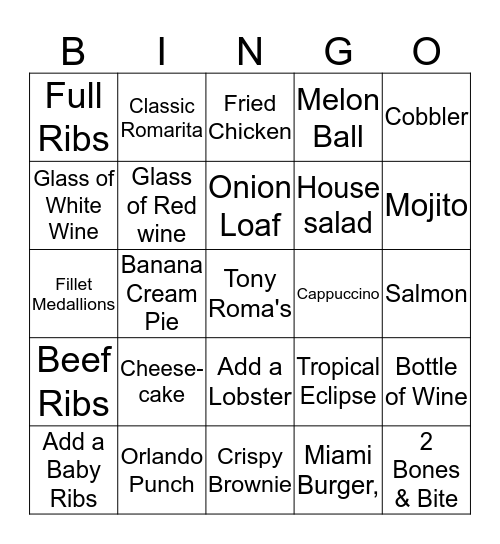 Tony Roma's Bingo Card