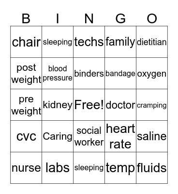 Dialysis Bingo Card