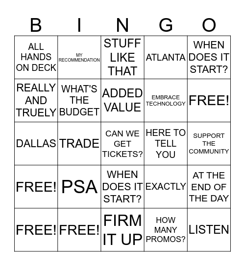 PROMOTIONS Bingo Card