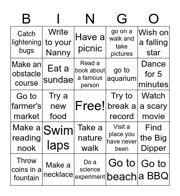 SUMMERTIME ACTIVITIES Bingo Card