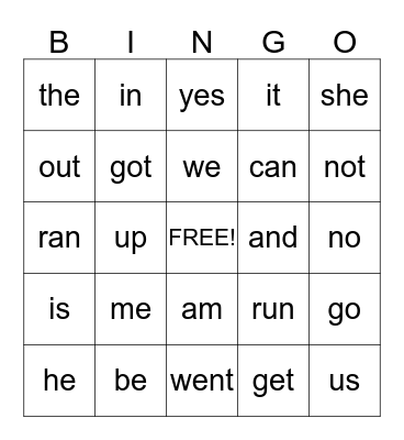 Sight Words Bingo Card