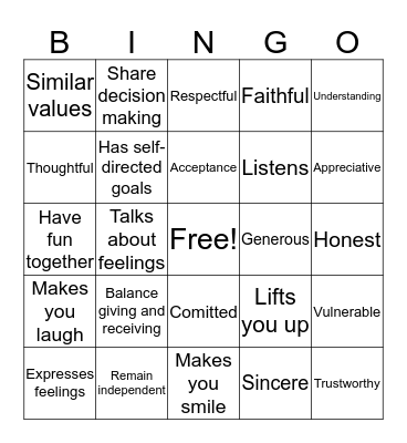 Healthy Relationships Bingo Card