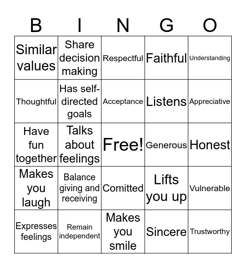 Healthy Relationships Bingo Card