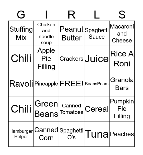 Girls Scouts Food Drive for Help House Bingo Card