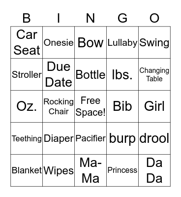 Justice Baby Shower Bingo  Bingo Card