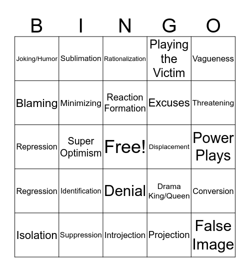 Defense Mechanisms Bingo Card