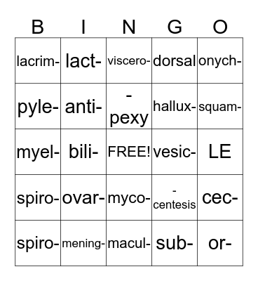 Medical Terminology  Bingo Card