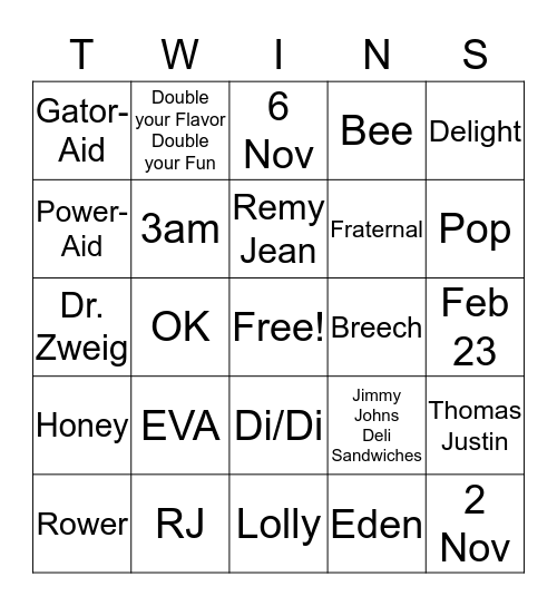 TWIN-GO Bingo Card