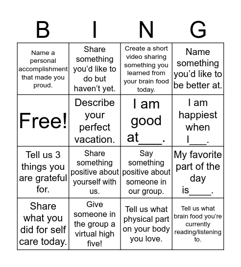 SELF LOVE BINGO!  Bingo Card