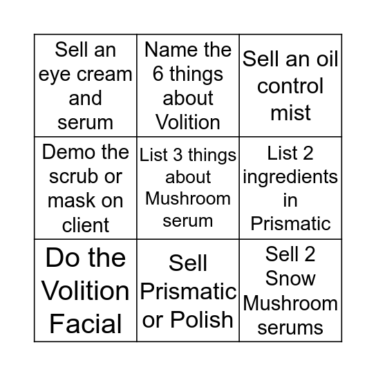 Volition Beauty Bingo Card