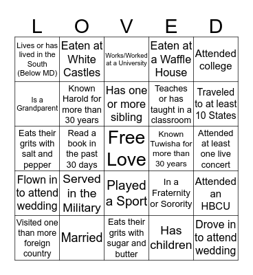 Harold and Wish Family Bingo Card