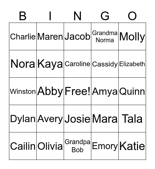 Carmichael Family Get to Know You Bingo Card