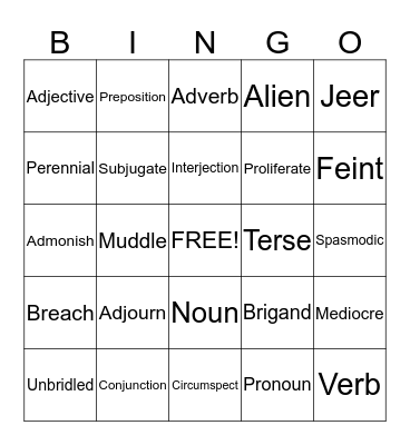 Vocabulary Bingo Card