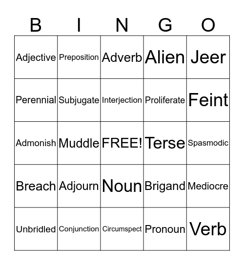 Vocabulary Bingo Card