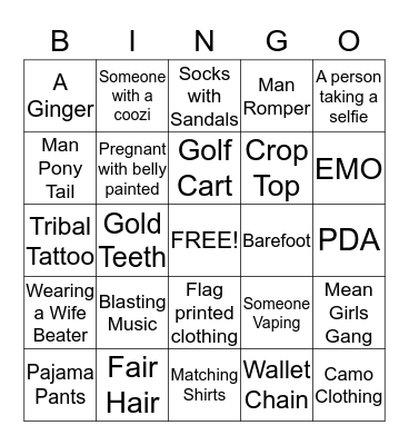 People Watching Bingo!!!!! Bingo Card