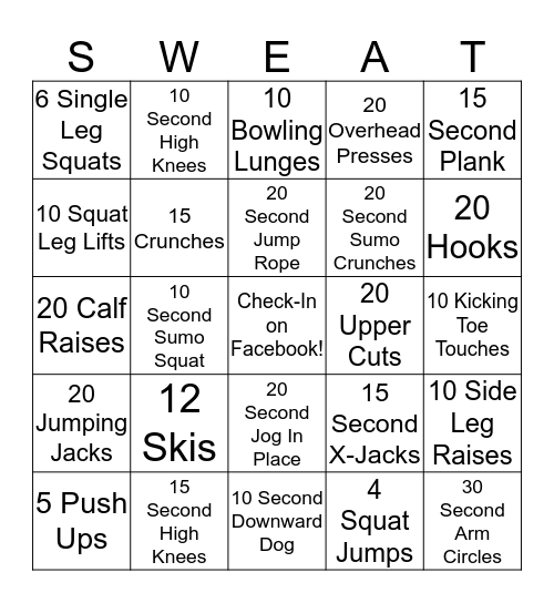 Sweat for a Cure Bingo!! Bingo Card