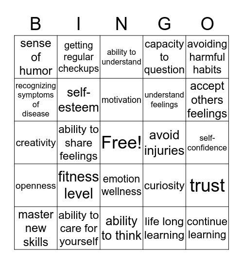 Mental Health Bingo Card