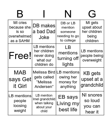 Family Reunion Fun Bingo Card