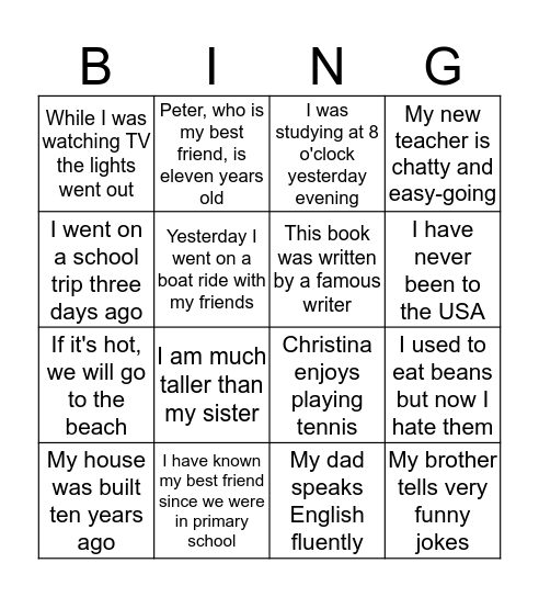 Grammar structures Bingo Card