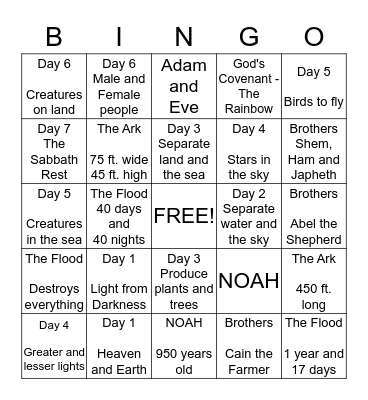 Genesis Review Chapters 1-9 Bingo Card