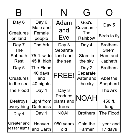 Genesis Review Chapters 1-9 Bingo Card