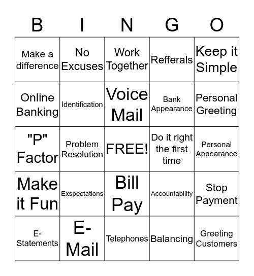 Bankers Bingo Card