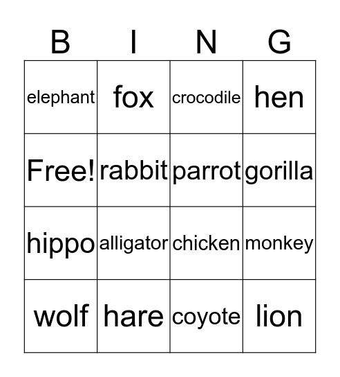 ANIMALS Bingo Card